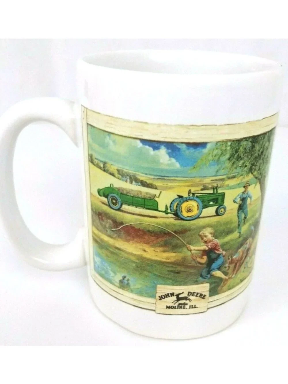 Vintage John Deere Tractor Boy & Dad On Tractor & Fishing Moline, IL. Coffee Cup